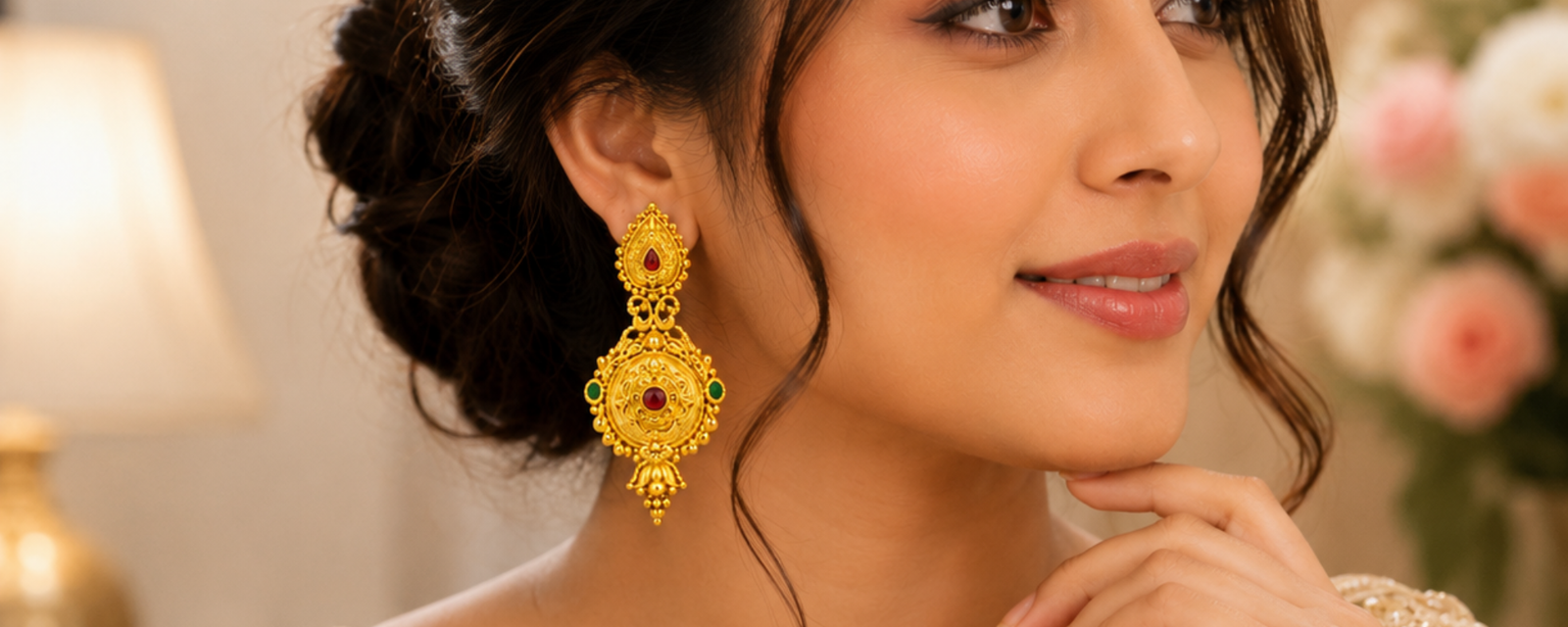 Traditional Gold-Plated Ruby & Emerald Designer Drop Earrings for Women - Image 5
