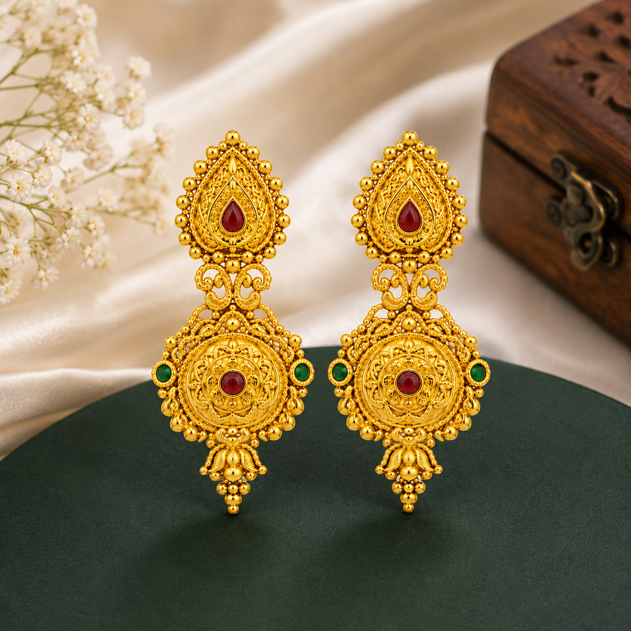 Traditional Gold-Plated Ruby & Emerald Designer Drop Earrings for Women - Image 3