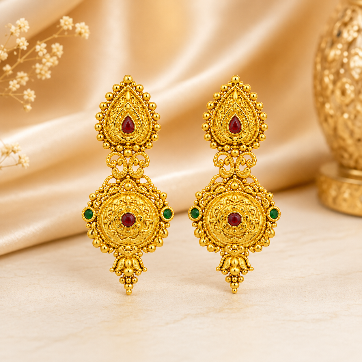 Traditional Gold-Plated Ruby & Emerald Designer Drop Earrings for Women - Image 2