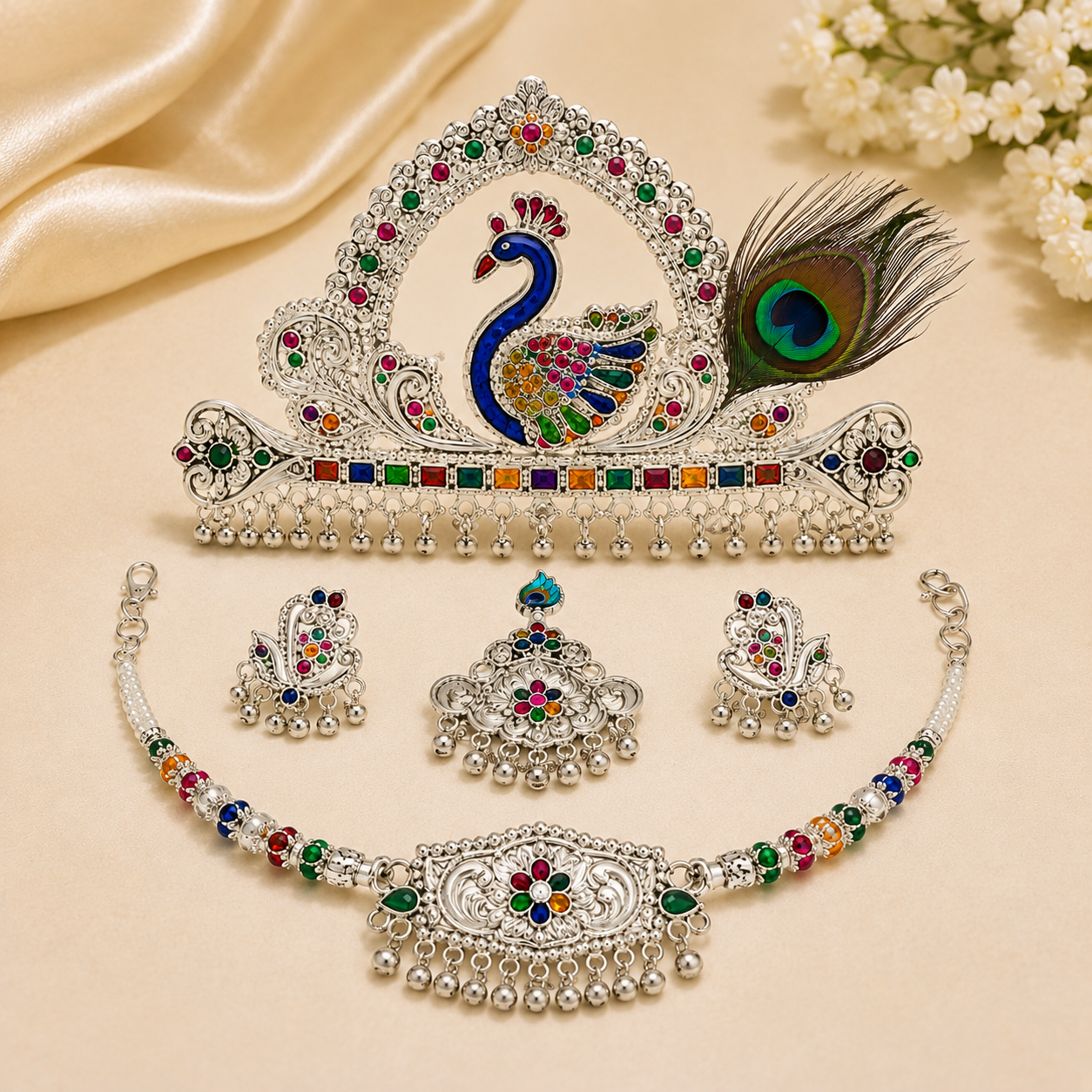 Nakoda Jewellers Silver Shringar Set – Peacock & Floral Motif - Image 3