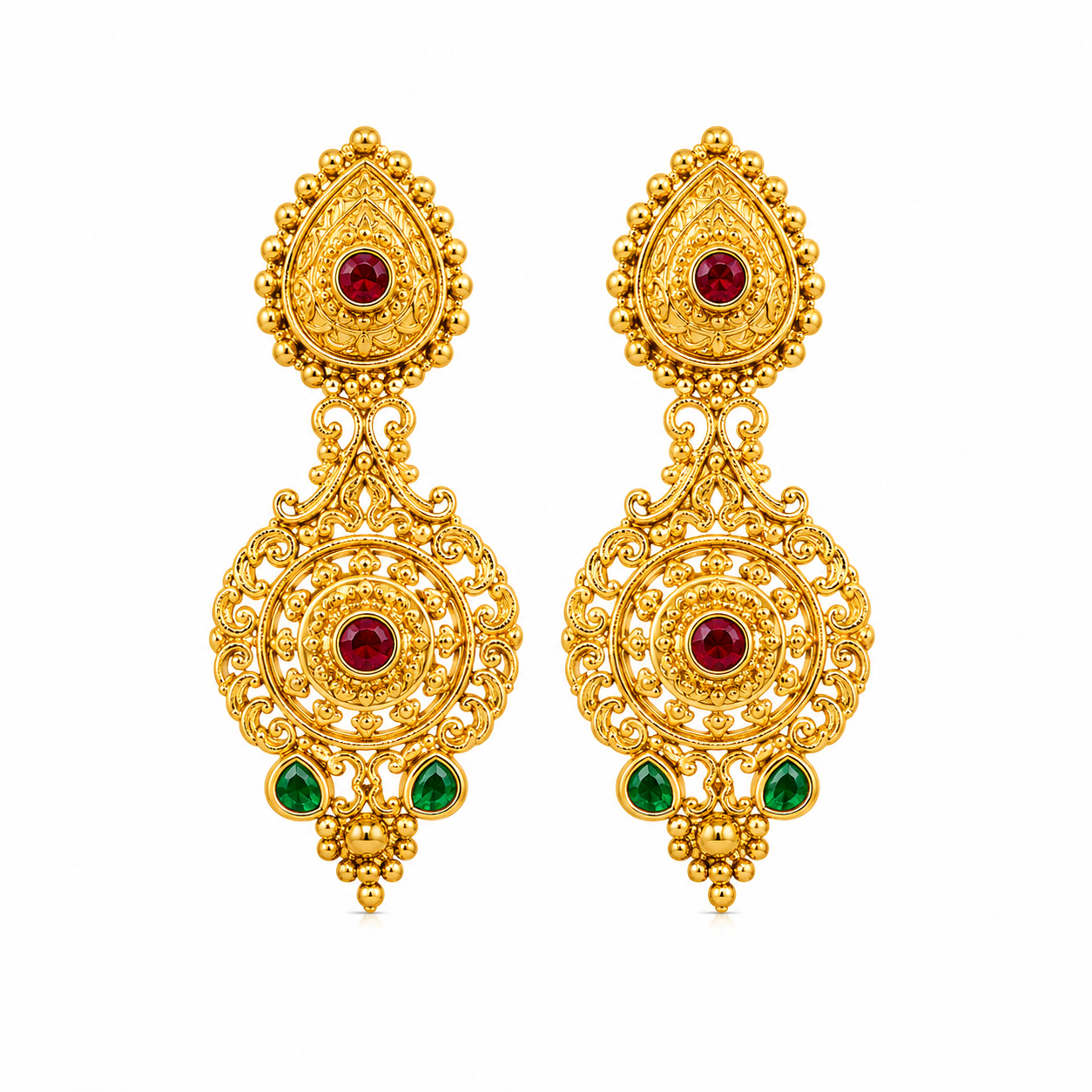 Ethnic Gold Dangler Earrings with Teardrop & Circular Drop Design