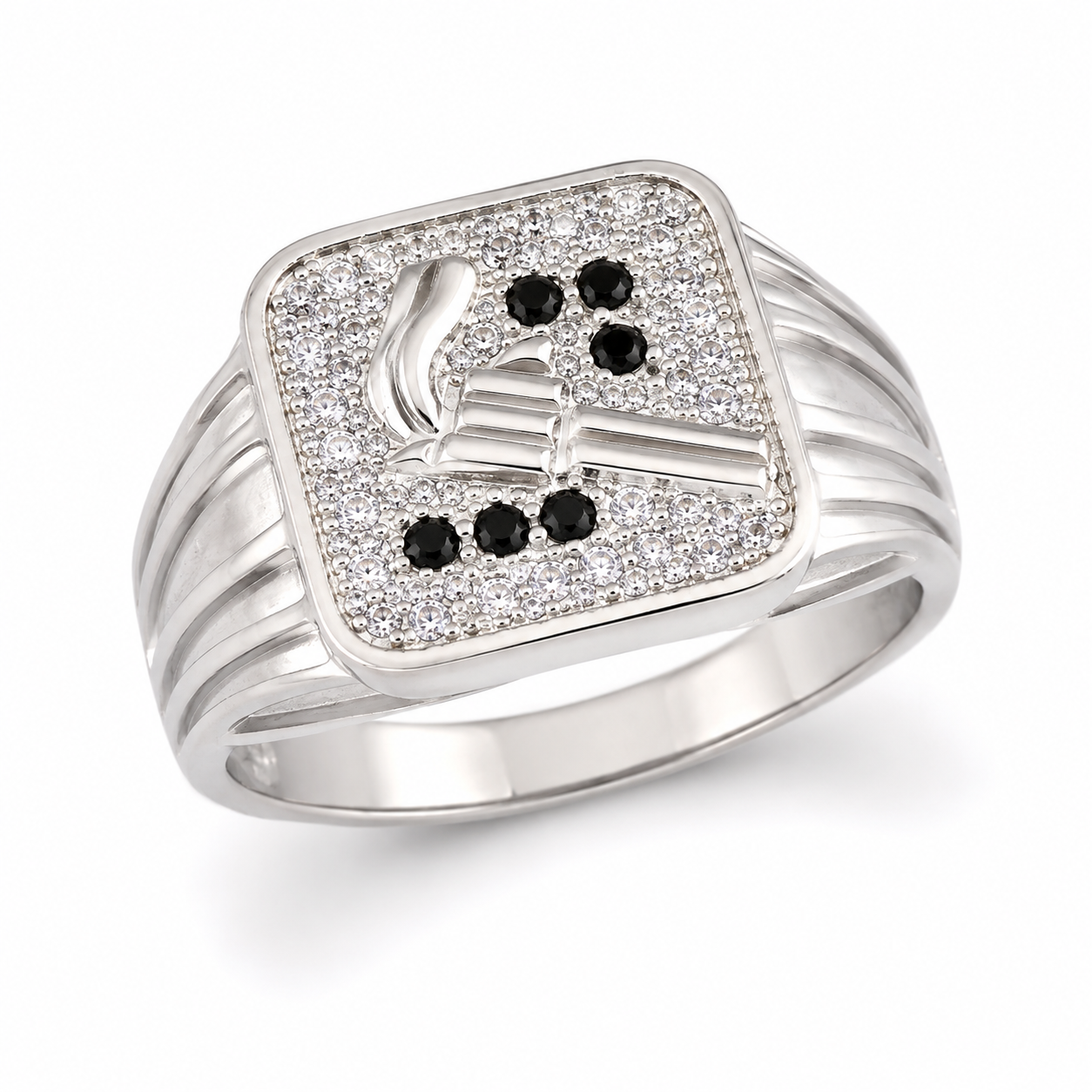 Dual-Tone Gun/Revolver Motif Black & White CZ Silver Men's Ring