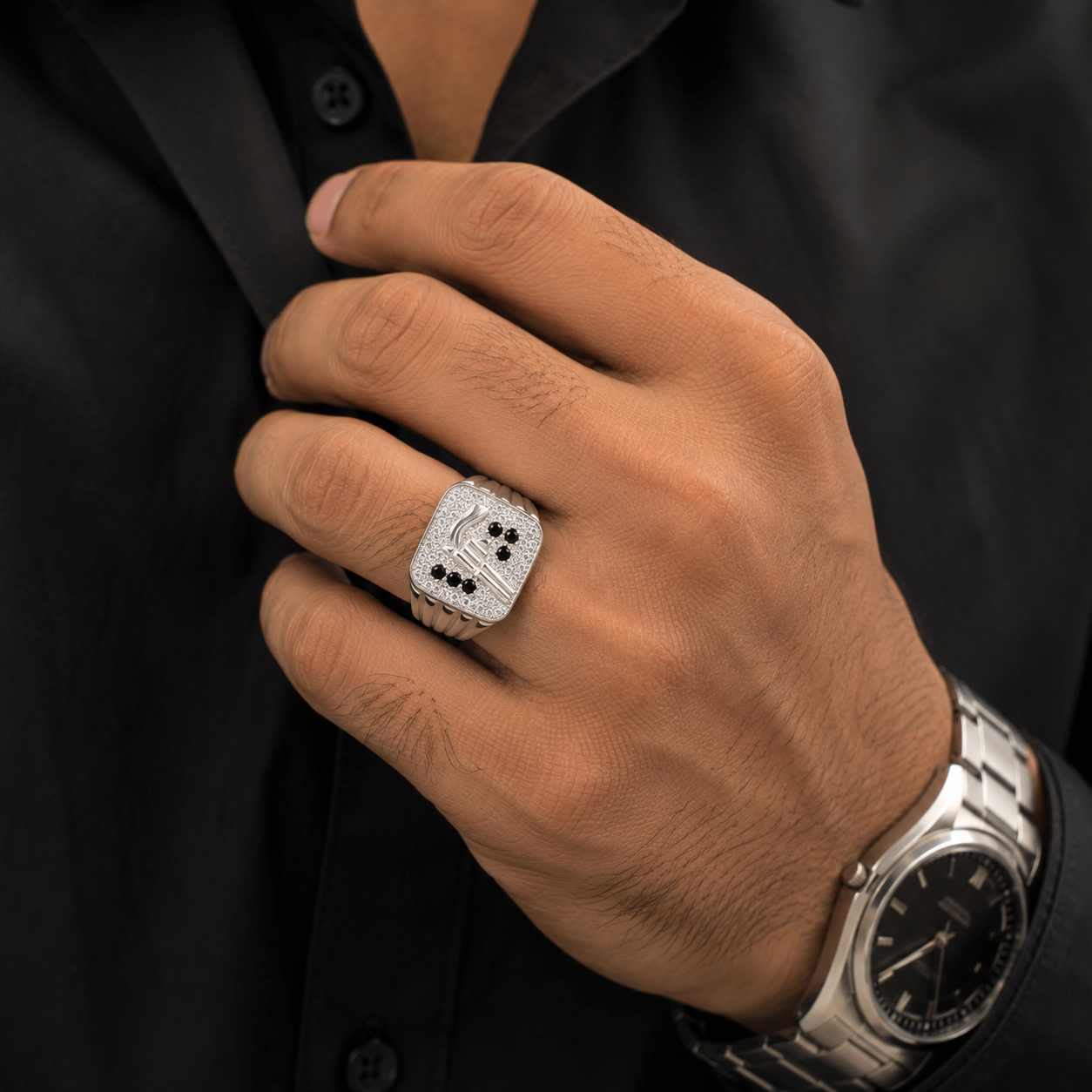 Dual-Tone Gun/Revolver Motif Black & White CZ Silver Men's Ring - Image 2