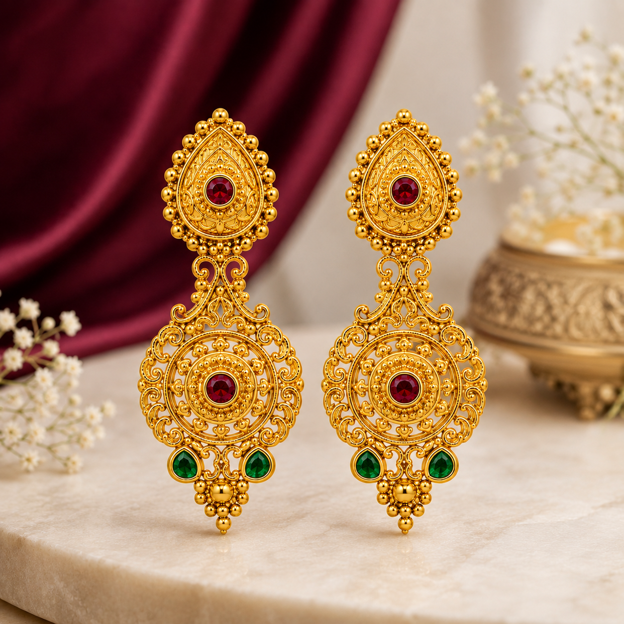 Ethnic Gold Dangler Earrings with Teardrop & Circular Drop Design - Image 4