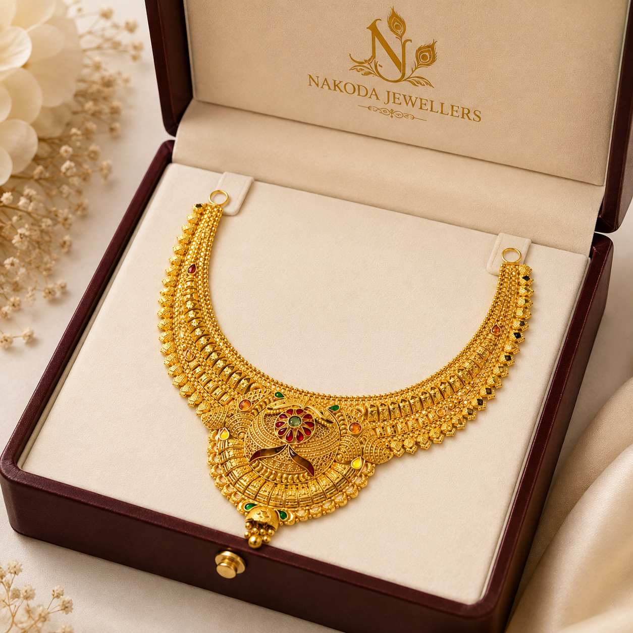 Nakoda Jewellers Traditional Gold Necklace with Multicolor Stone Work - Image 7