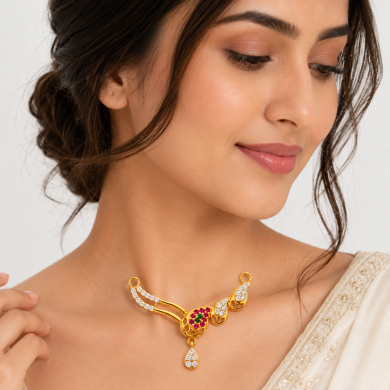 Nakoda Jewellers Asymmetric Floral Drop Stone Mangalsutra Pendant - Image 4
