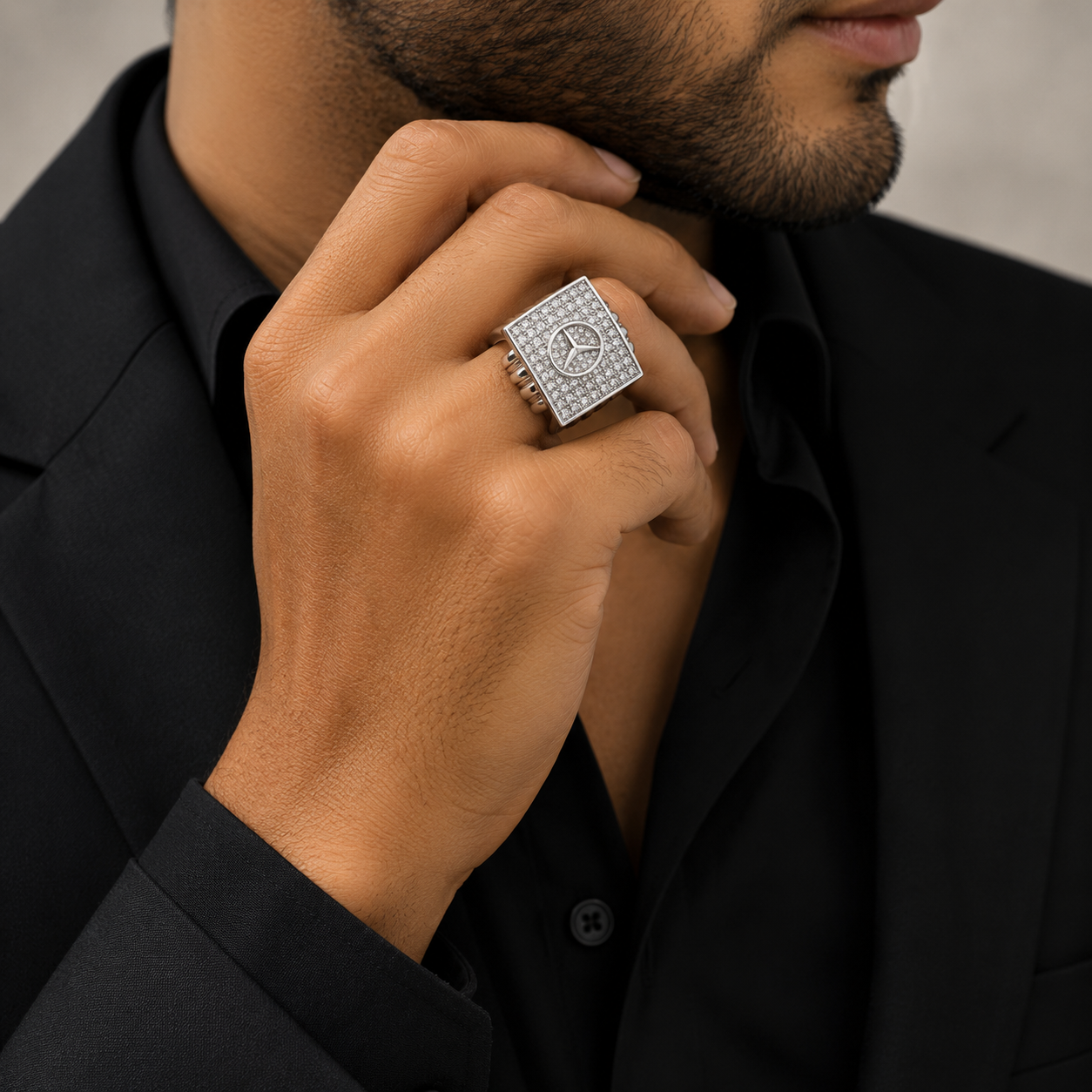 Classic Mercedes Benz Logo Pavé CZ Silver Men's Ring - Image 4