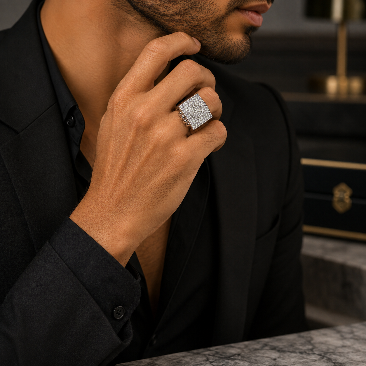 Classic Mercedes Benz Logo Pavé CZ Silver Men's Ring - Image 3