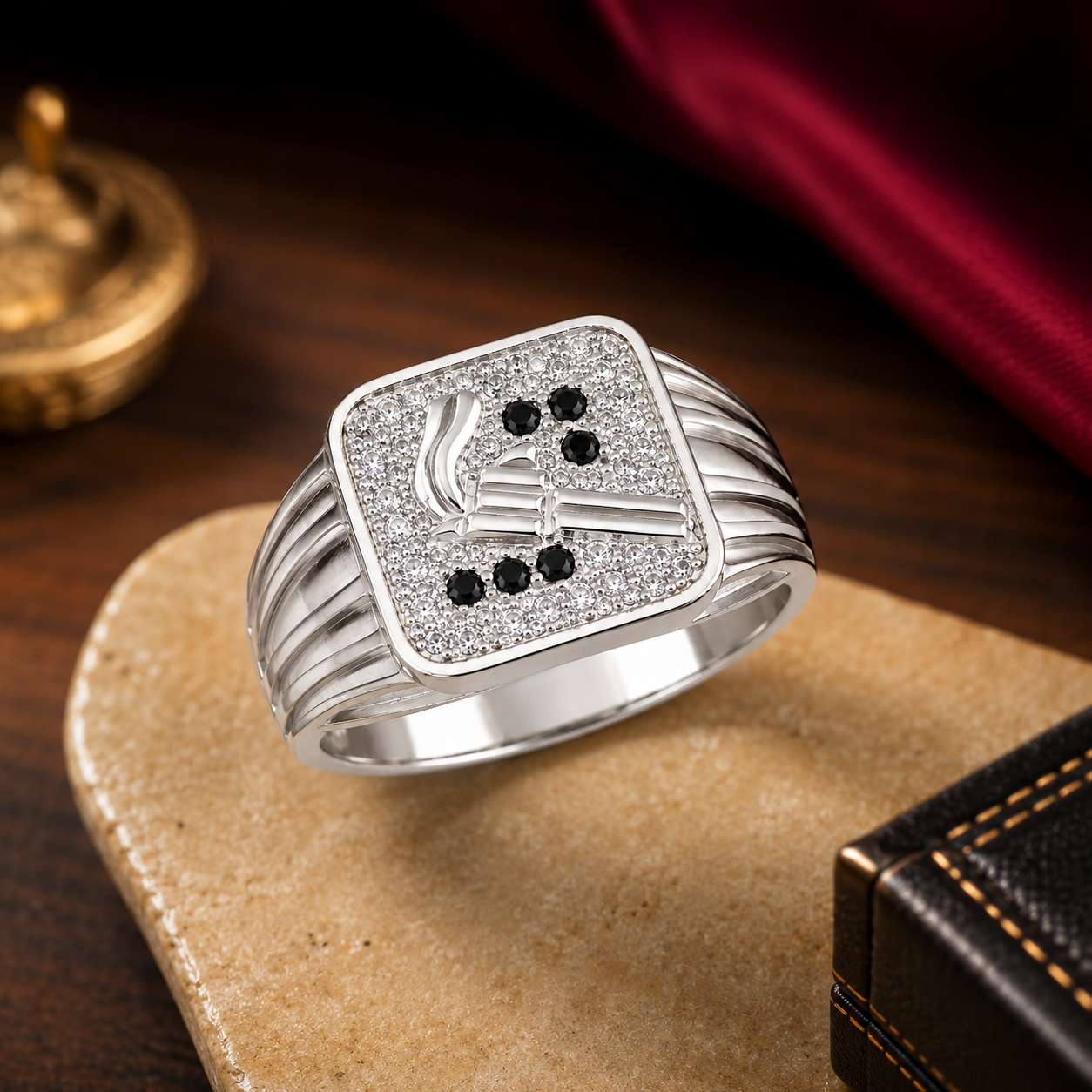 Dual-Tone Gun/Revolver Motif Black & White CZ Silver Men's Ring - Image 5