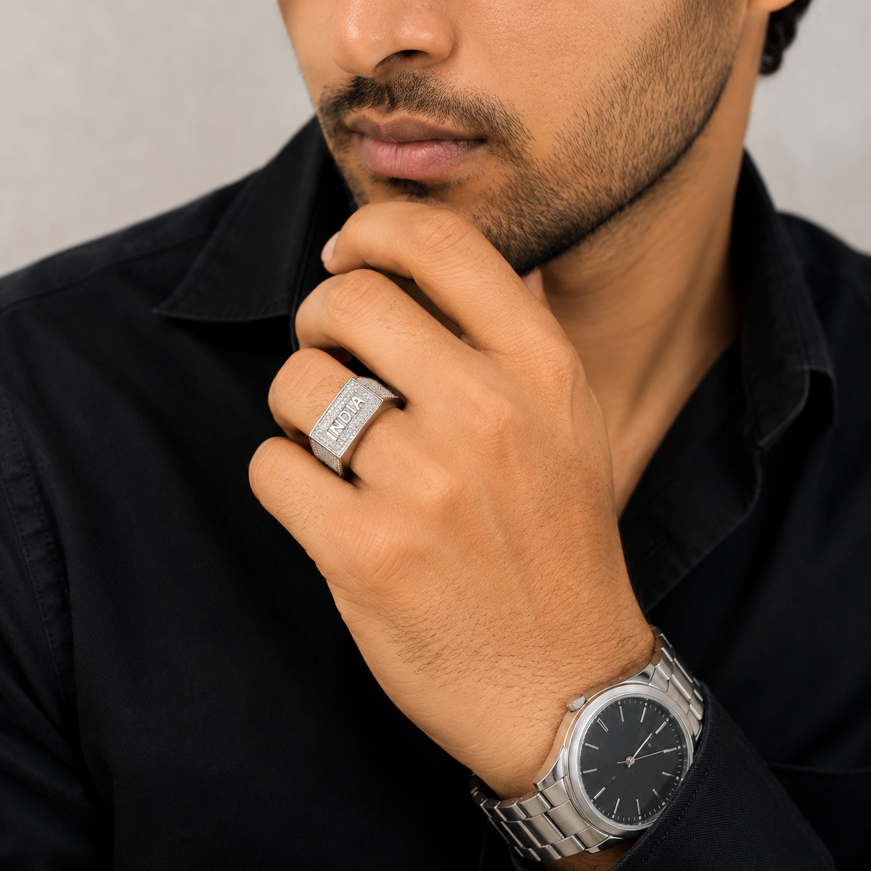 Patriotic 'INDIA' Lettering CZ Diamond Silver Men's Ring - Image 2