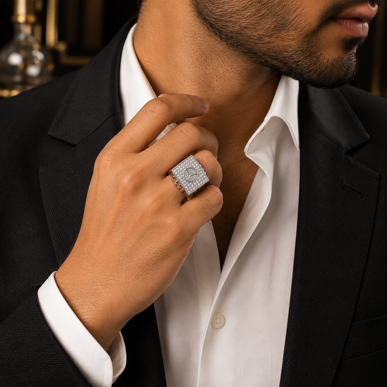 Classic Mercedes Benz Logo Pavé CZ Silver Men's Ring - Image 5