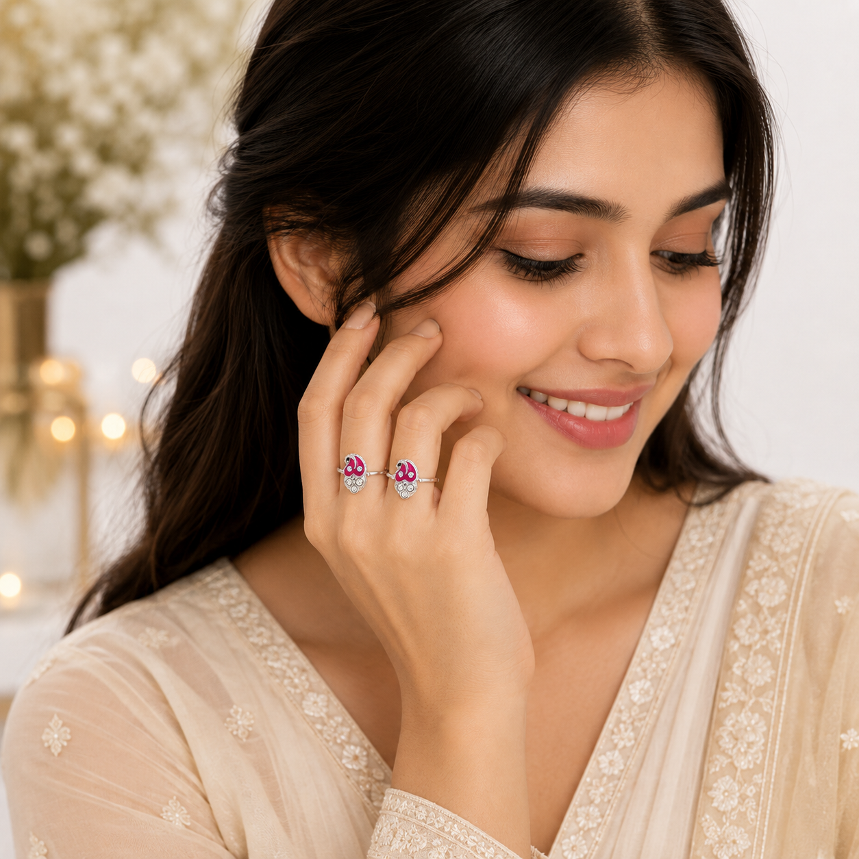 Nakuda Jewellers Pink Enamel & Stone Silver Toe Rings - Image 3