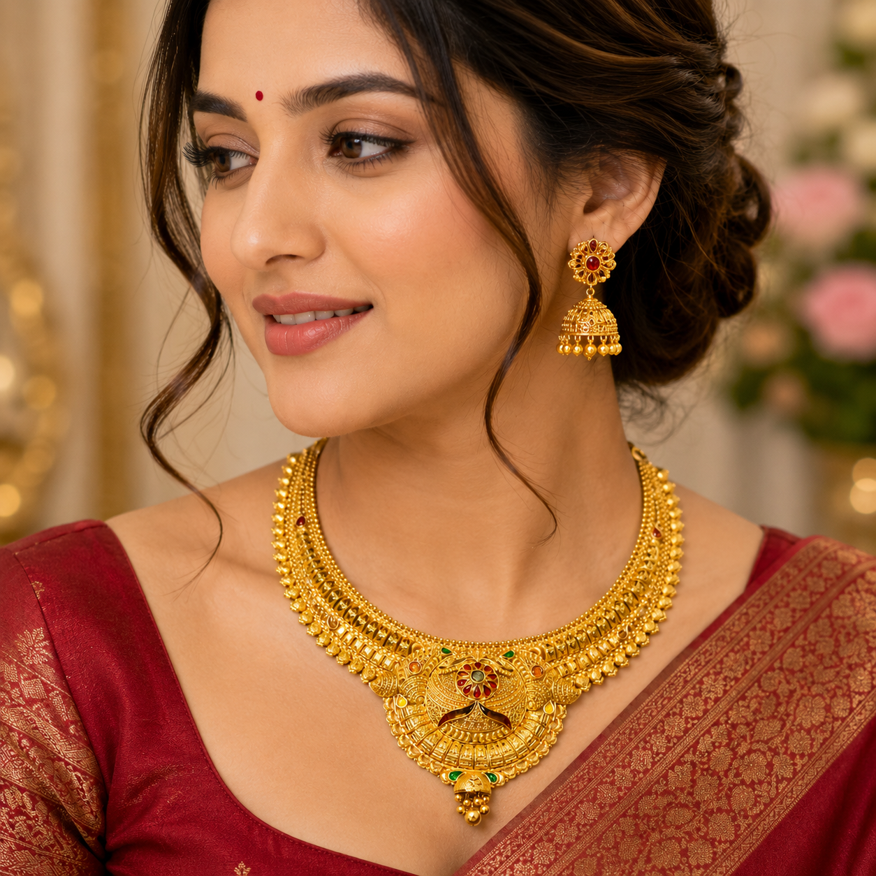 Nakoda Jewellers Traditional Gold Necklace with Multicolor Stone Work - Image 2
