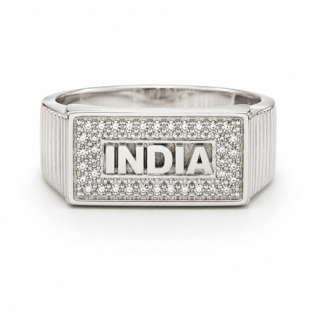 Patriotic 'INDIA' Lettering CZ Diamond Silver Men's Ring