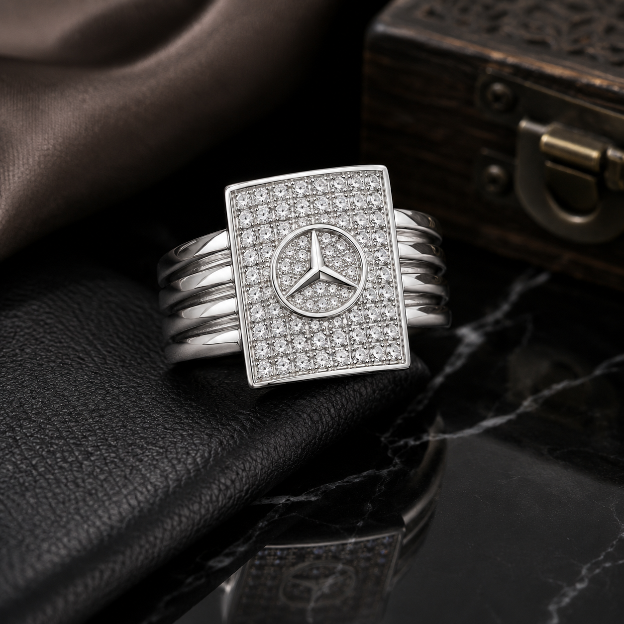 Classic Mercedes Benz Logo Pavé CZ Silver Men's Ring - Image 2
