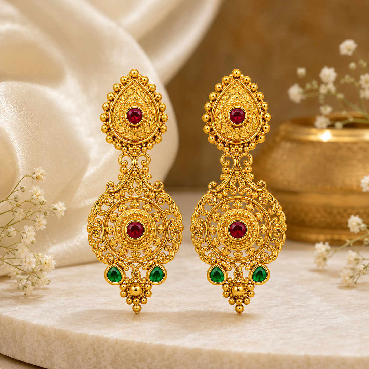 Ethnic Gold Dangler Earrings with Teardrop & Circular Drop Design - Image 2