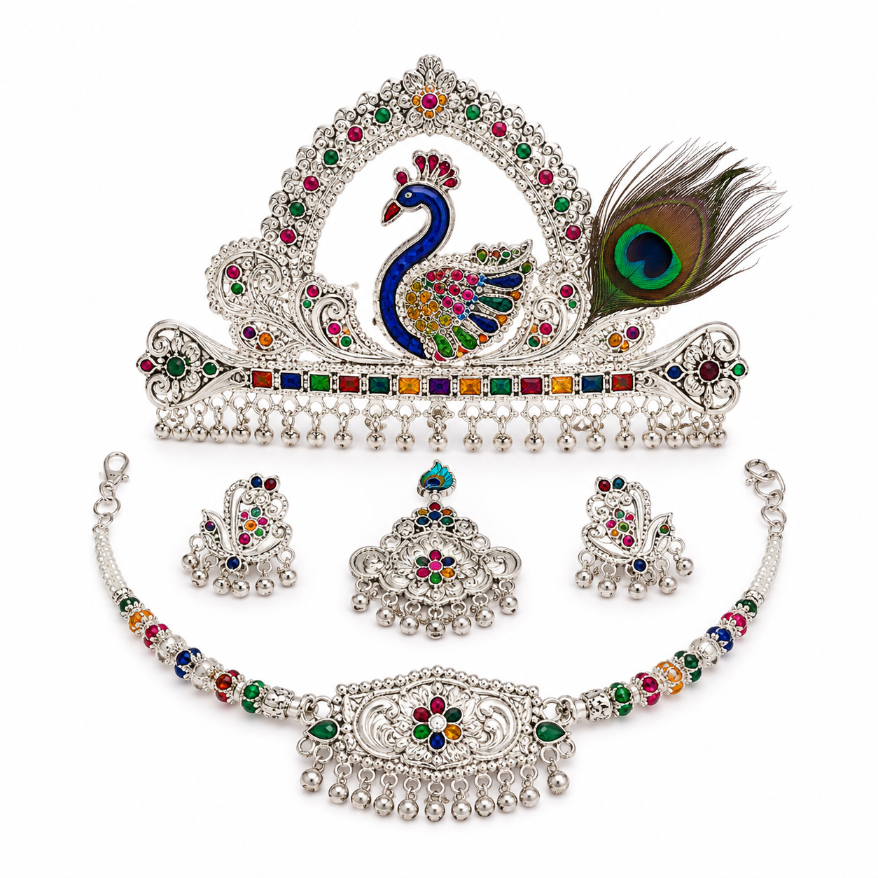 Nakoda Jewellers Silver Shringar Set – Peacock & Floral Motif