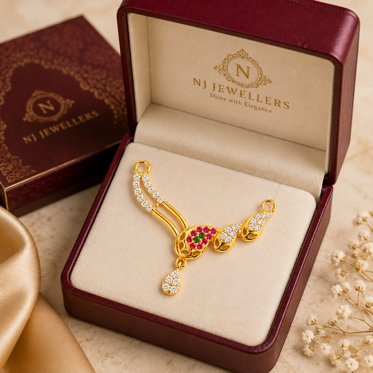 Nakoda Jewellers Asymmetric Floral Drop Stone Mangalsutra Pendant - Image 5