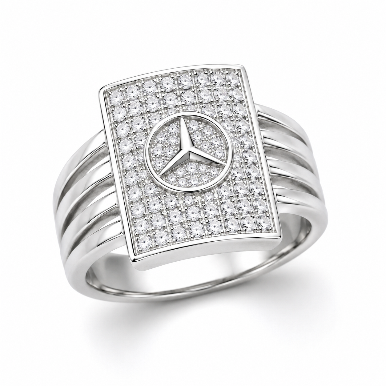 Classic Mercedes Benz Logo Pavé CZ Silver Men's Ring