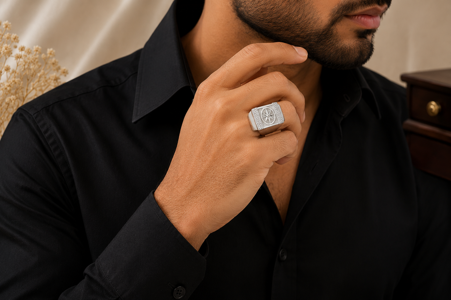 Geometric Compass Star Motif Silver Men's Ring - Image 4