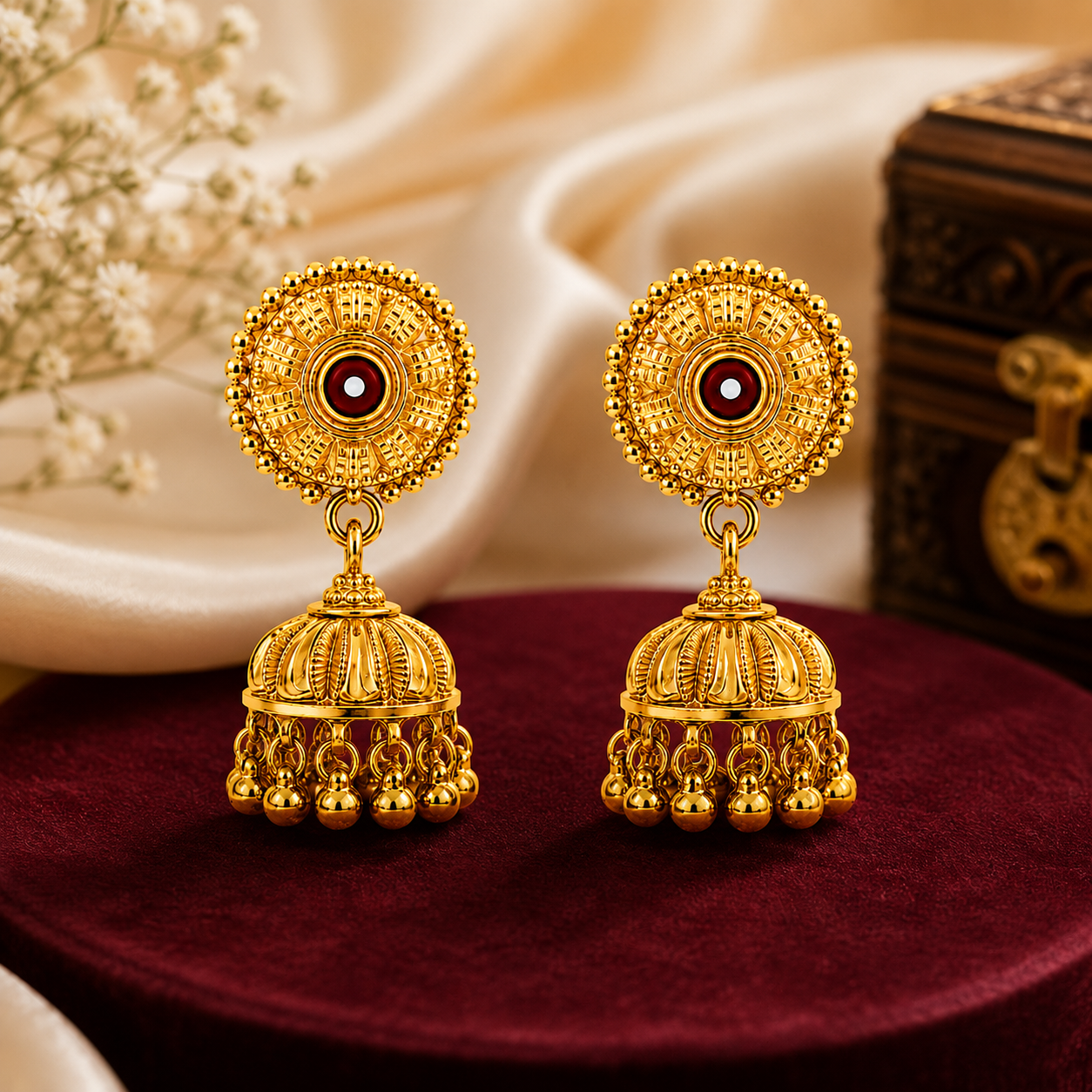 Traditional Gold Plated Ruby Studded Jhumki - Image 2