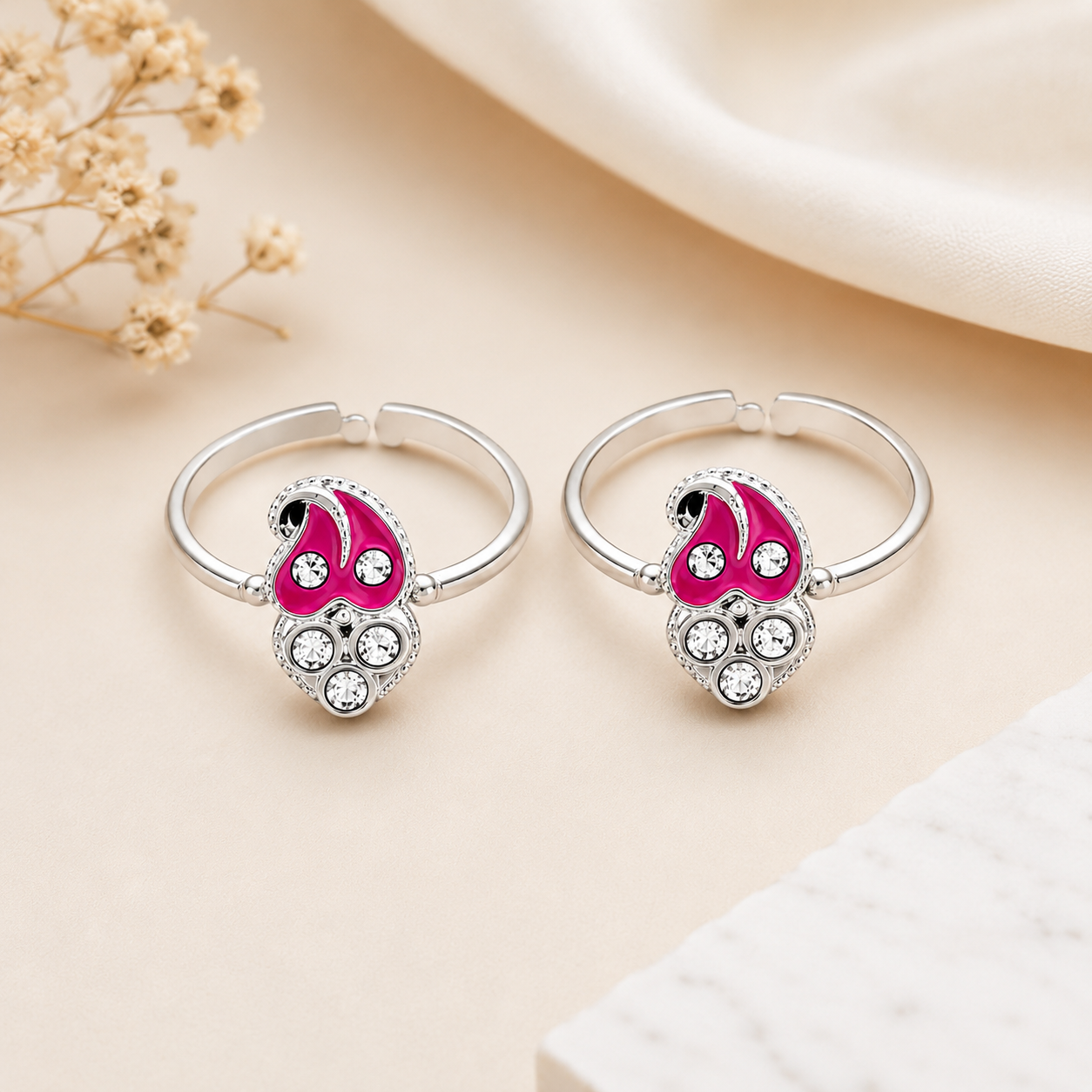 Nakuda Jewellers Pink Enamel & Stone Silver Toe Rings - Image 5