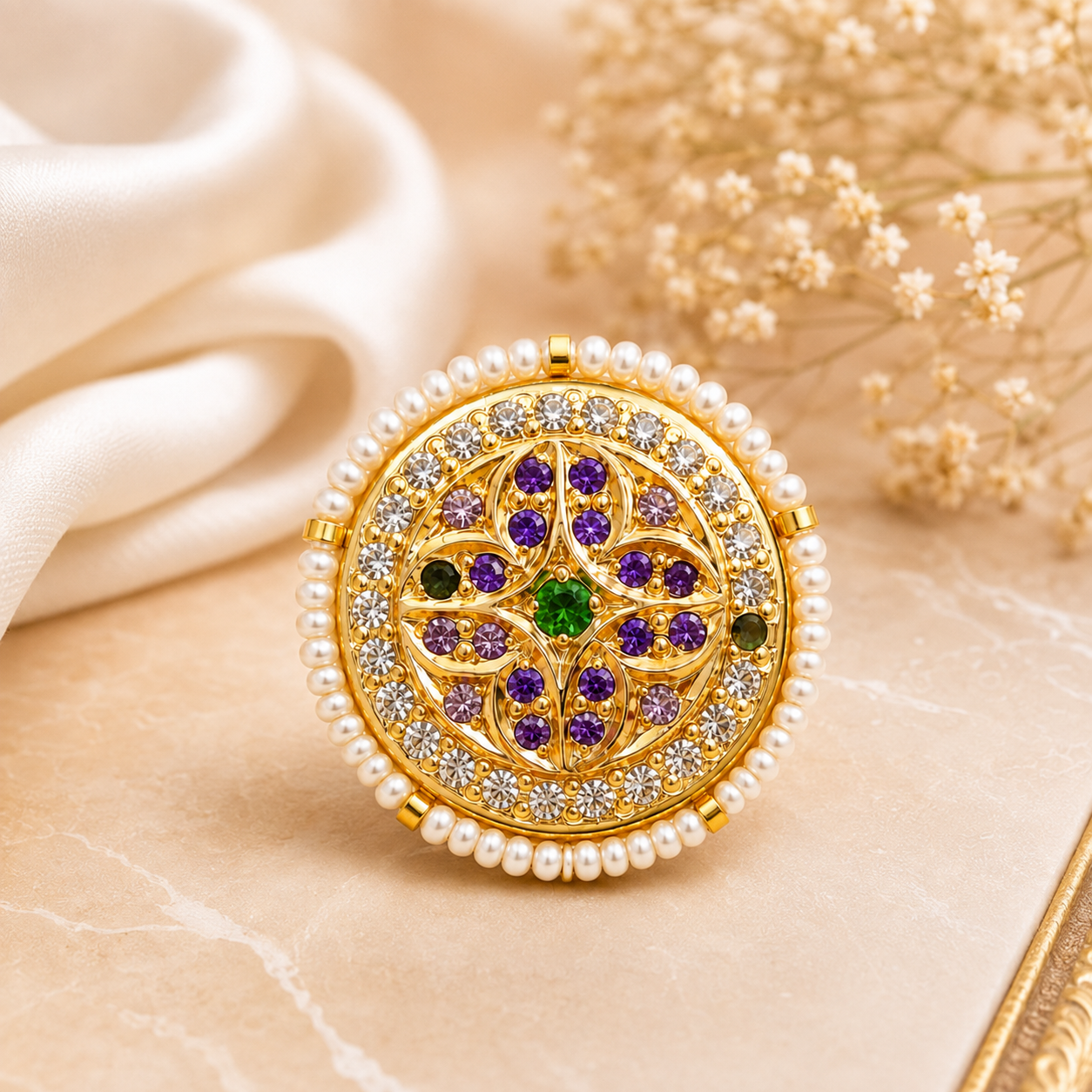 Nakoda Jewellers Royal Pearl-Bordered Kundan Rakdi