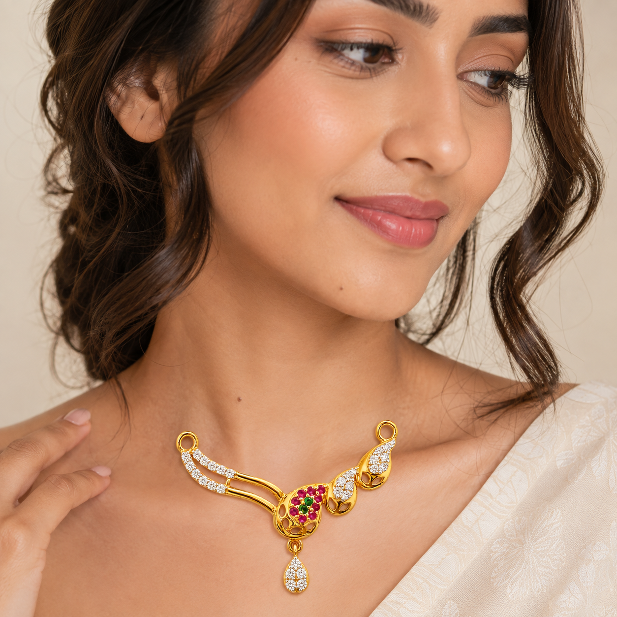 Nakoda Jewellers Asymmetric Floral Drop Stone Mangalsutra Pendant - Image 3