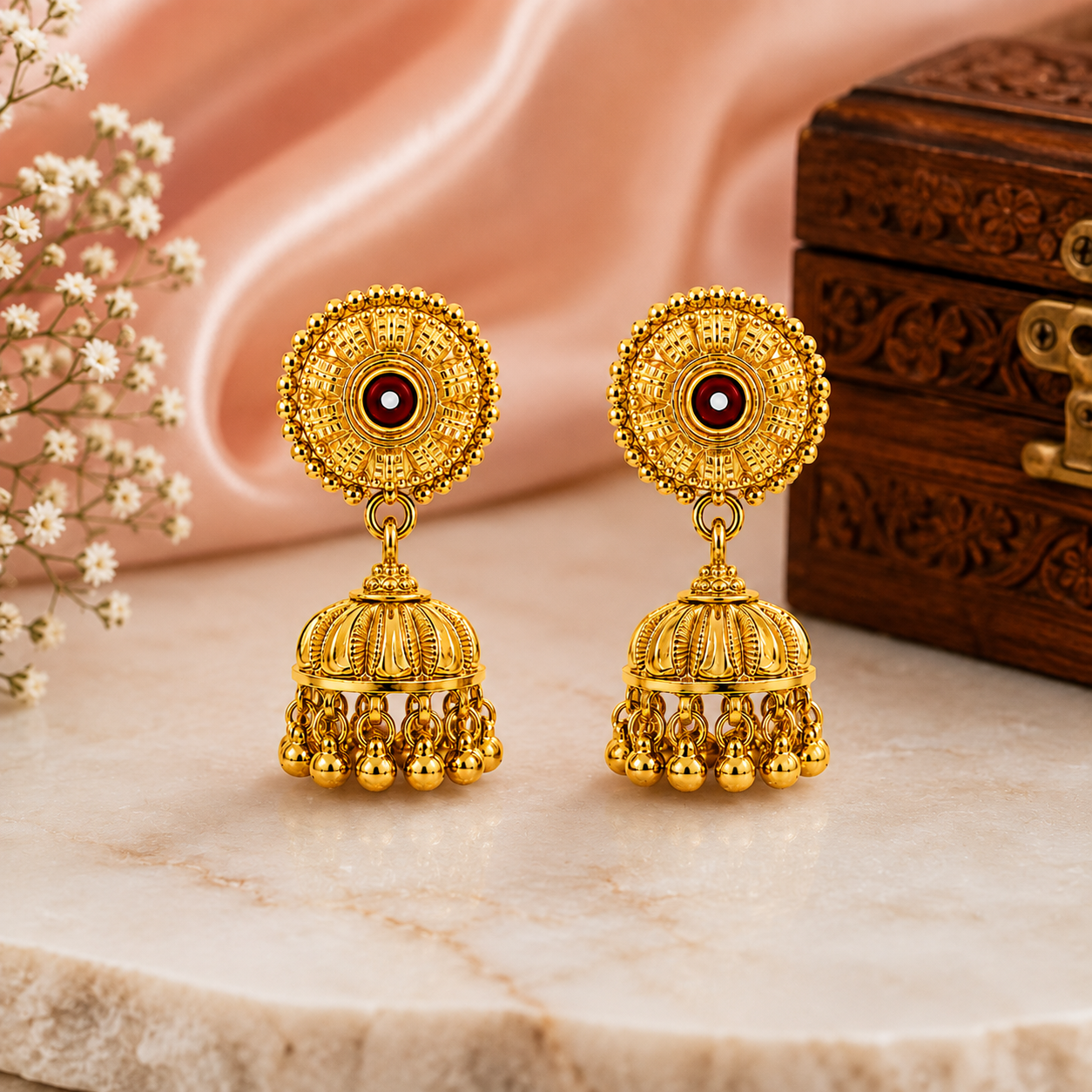 Traditional Gold Plated Ruby Studded Jhumki - Image 3