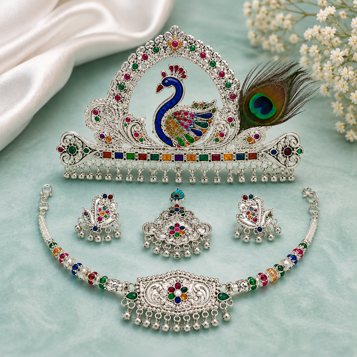 Nakoda Jewellers Silver Shringar Set – Peacock & Floral Motif - Image 4