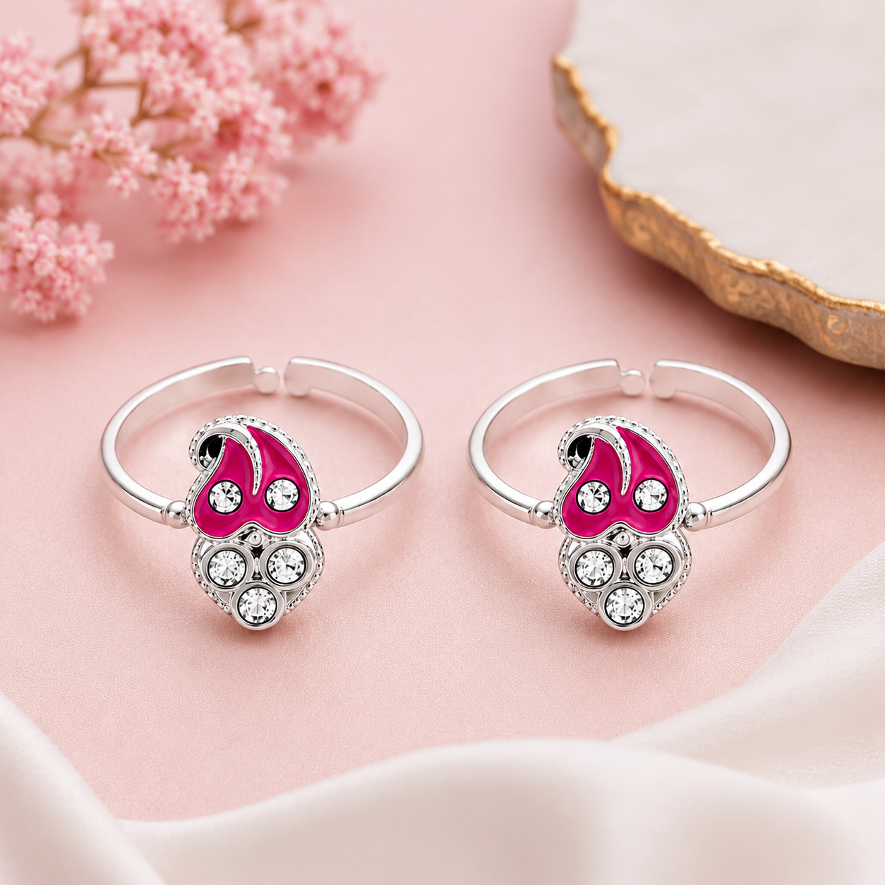 Nakuda Jewellers Pink Enamel & Stone Silver Toe Rings - Image 4