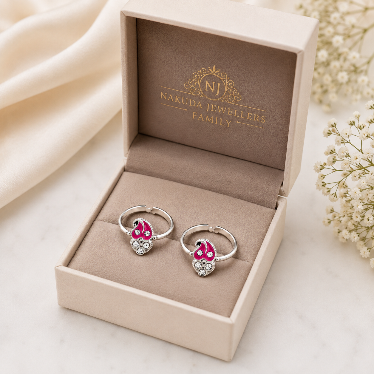 Nakuda Jewellers Pink Enamel & Stone Silver Toe Rings - Image 2