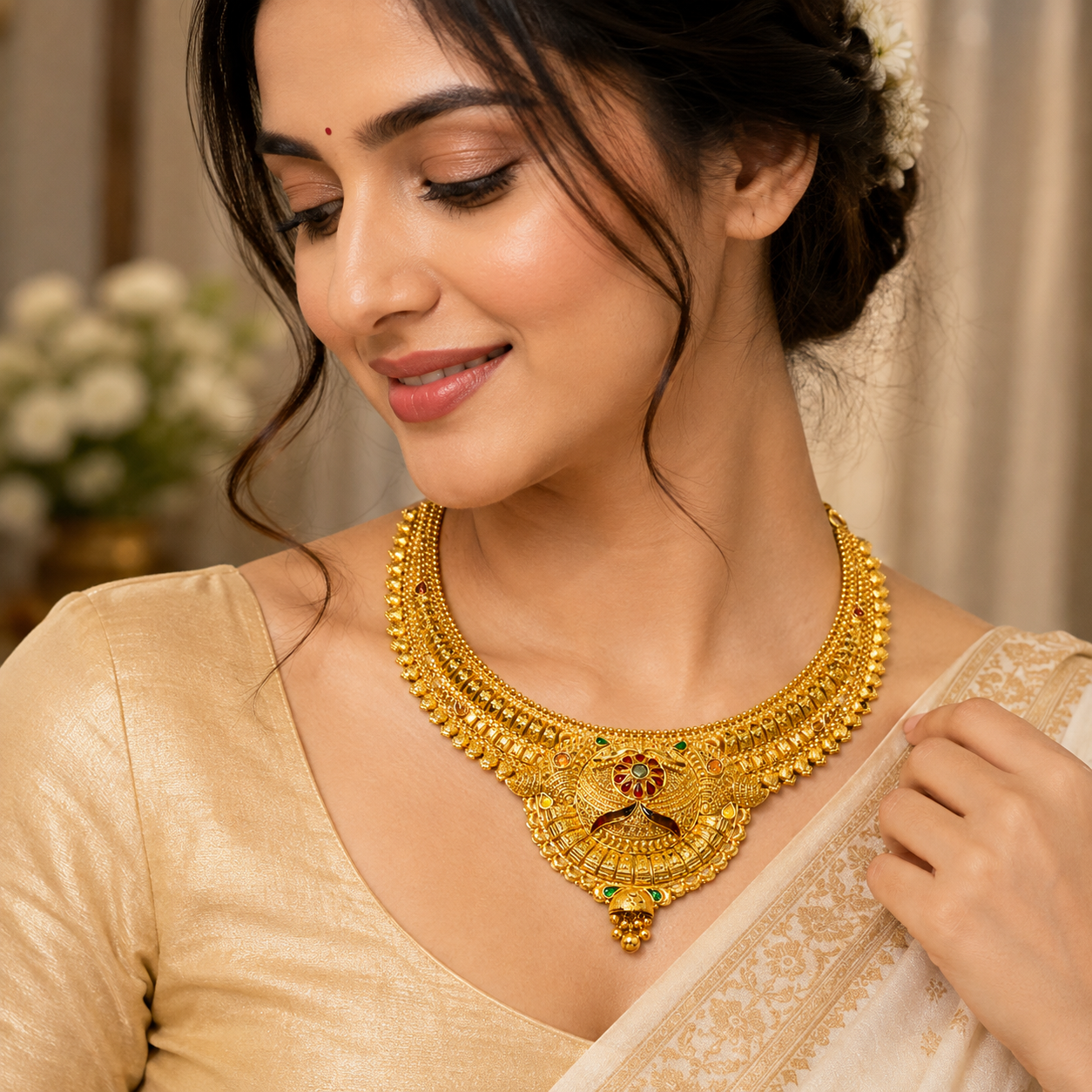 Nakoda Jewellers Traditional Gold Necklace with Multicolor Stone Work - Image 3