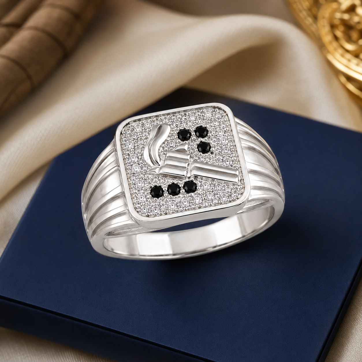 Dual-Tone Gun/Revolver Motif Black & White CZ Silver Men's Ring - Image 3