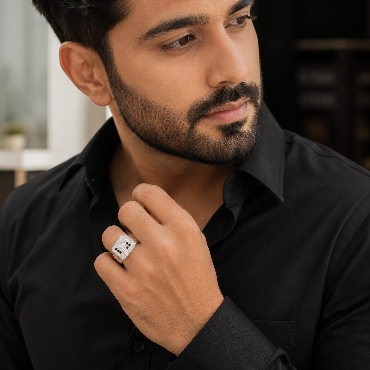 Dual-Tone Gun/Revolver Motif Black & White CZ Silver Men's Ring - Image 4