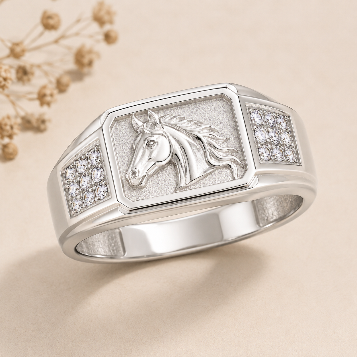 Royal Horse Motif Designer Silver Men's Ring with CZ Accents - Image 2