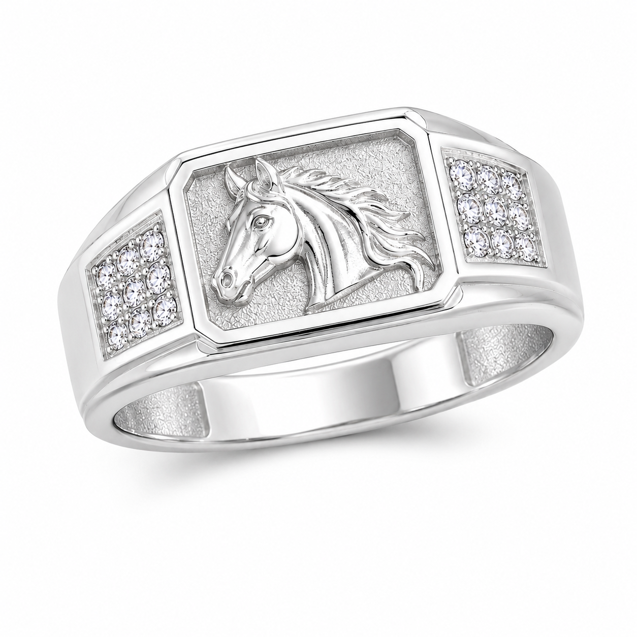 Royal Horse Motif Designer Silver Men's Ring with CZ Accents