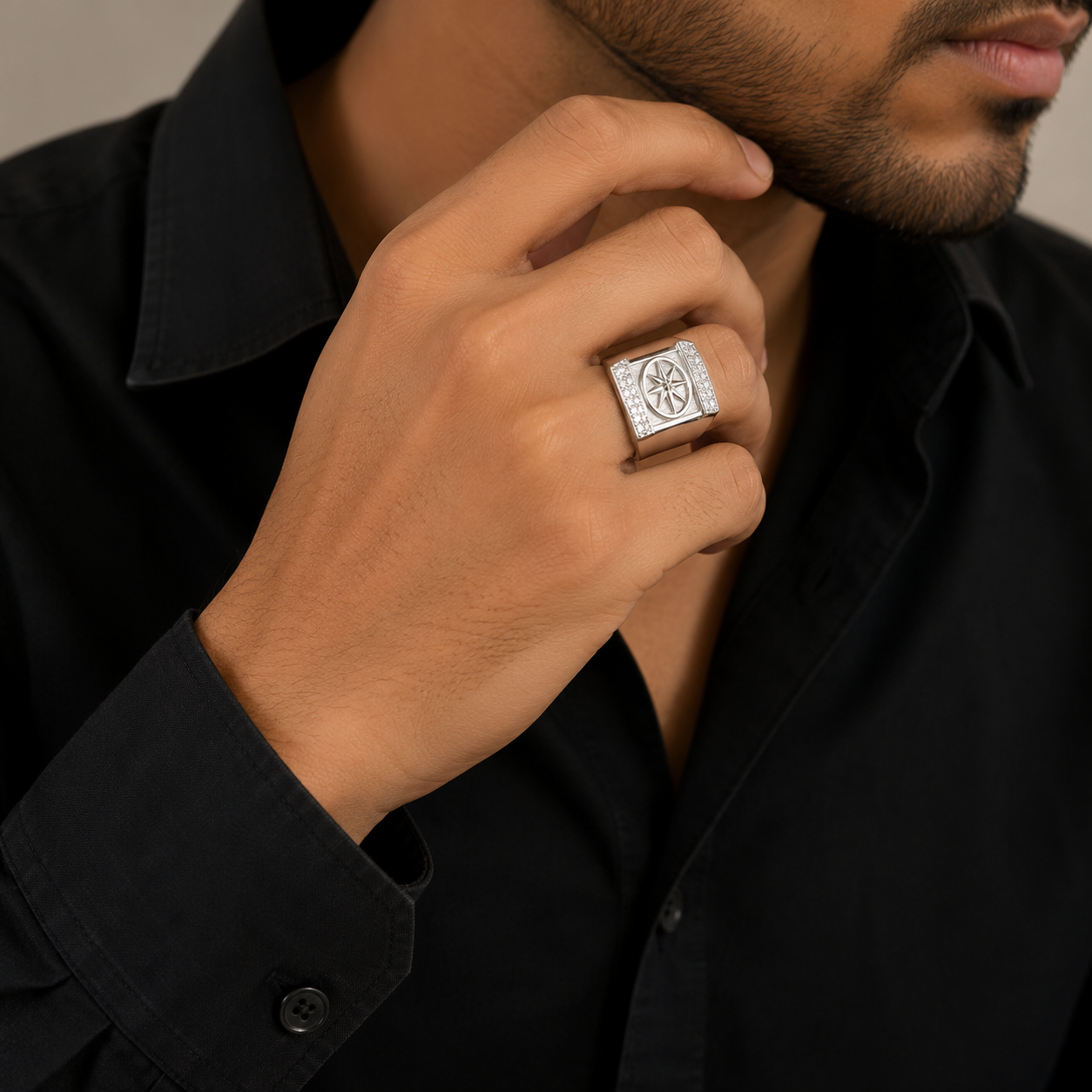 Geometric Compass Star Motif Silver Men's Ring - Image 2
