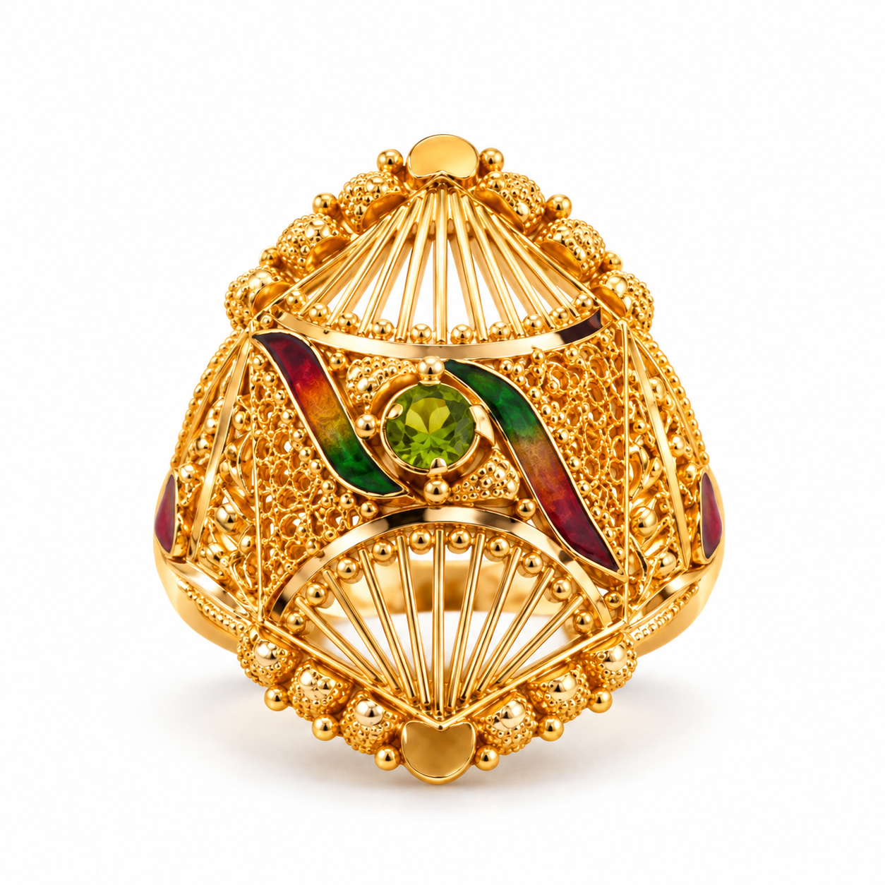 Nakoda Jewellers Traditional Floral Filigree Gold Ring with Red & Green Accents
