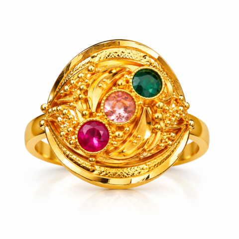 Nakoda Jewellers Traditional Circular Floral Gold Ring with Multicolour Stone Detailing