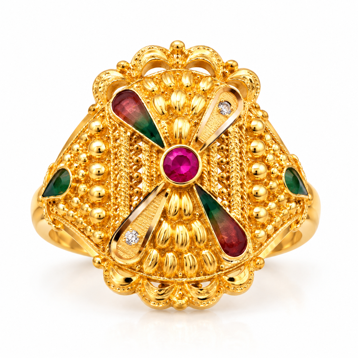 Nakoda Jewellers Traditional Floral Filigree Gold Ring with Multi-Coloured Centre & Multicolour Stones