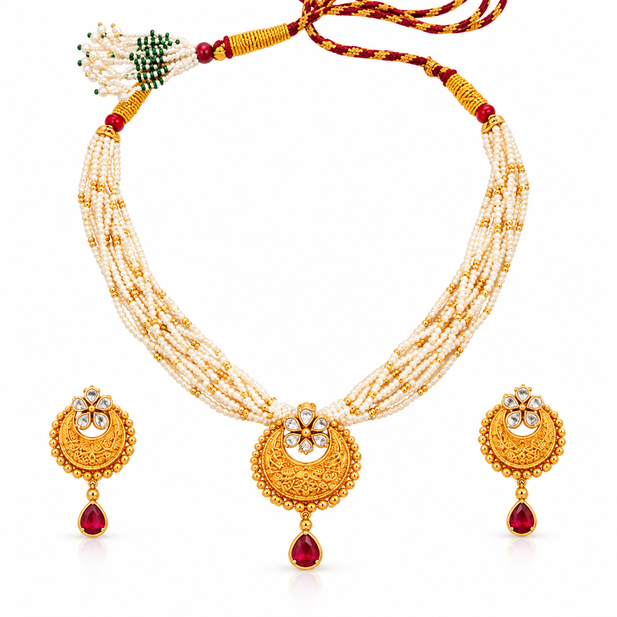 Nakoda Jewellers Traditional White Beaded Gold Pendant Necklace Set with Red Stone Detailing