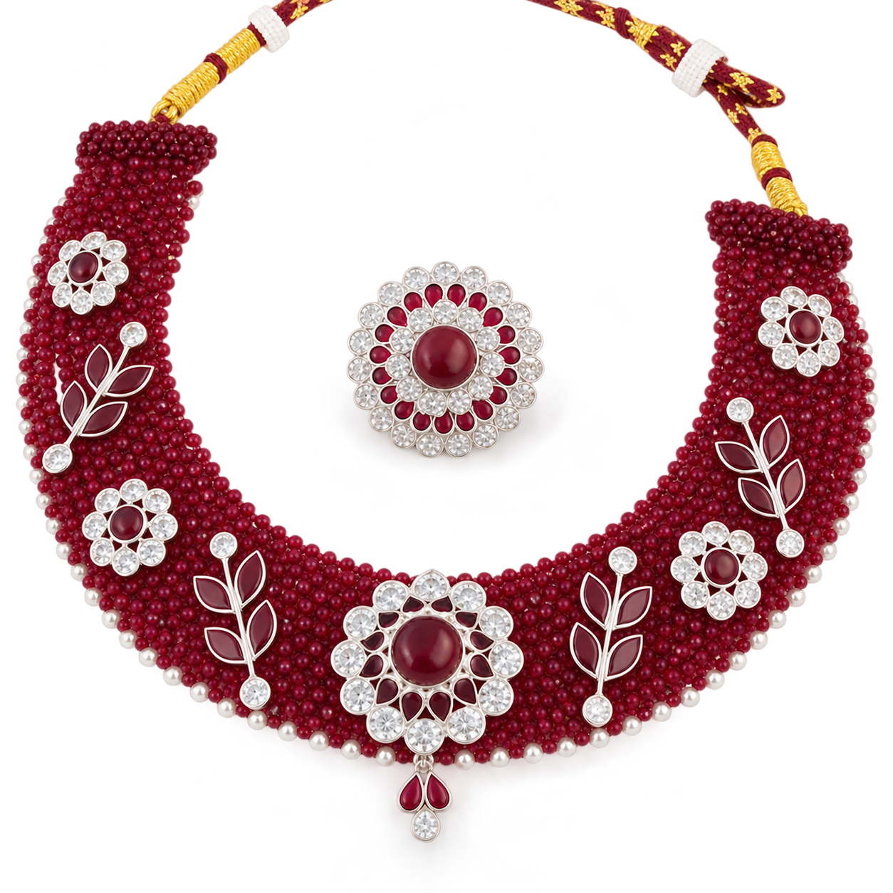 Nakoda Jewellers Maroon Beaded Floral & Leaf Statement Necklace with Matching Finger Ring Set