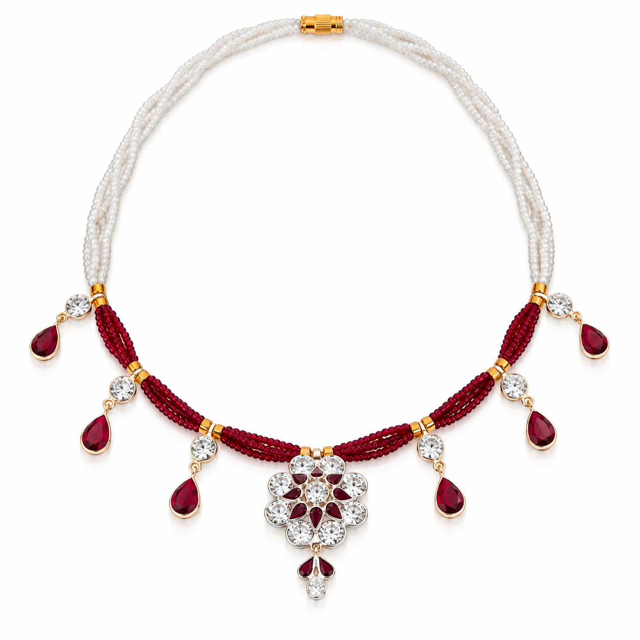 Nakoda Jewellers Maroon & White Beaded Floral Drop Necklace
