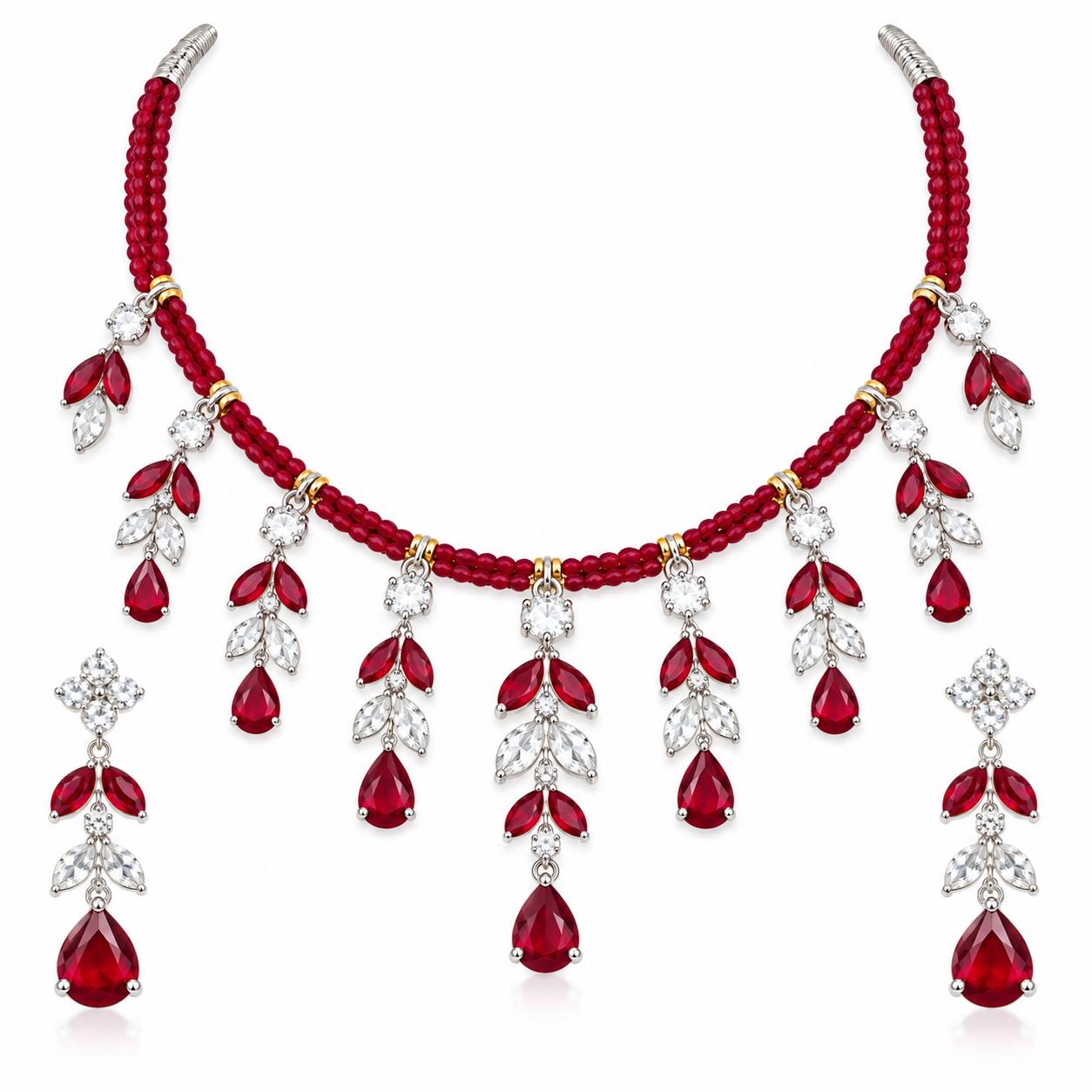 Nakoda Jewellers Elegant Red Beaded Leaf Drop Necklace Set with Stone Detailing