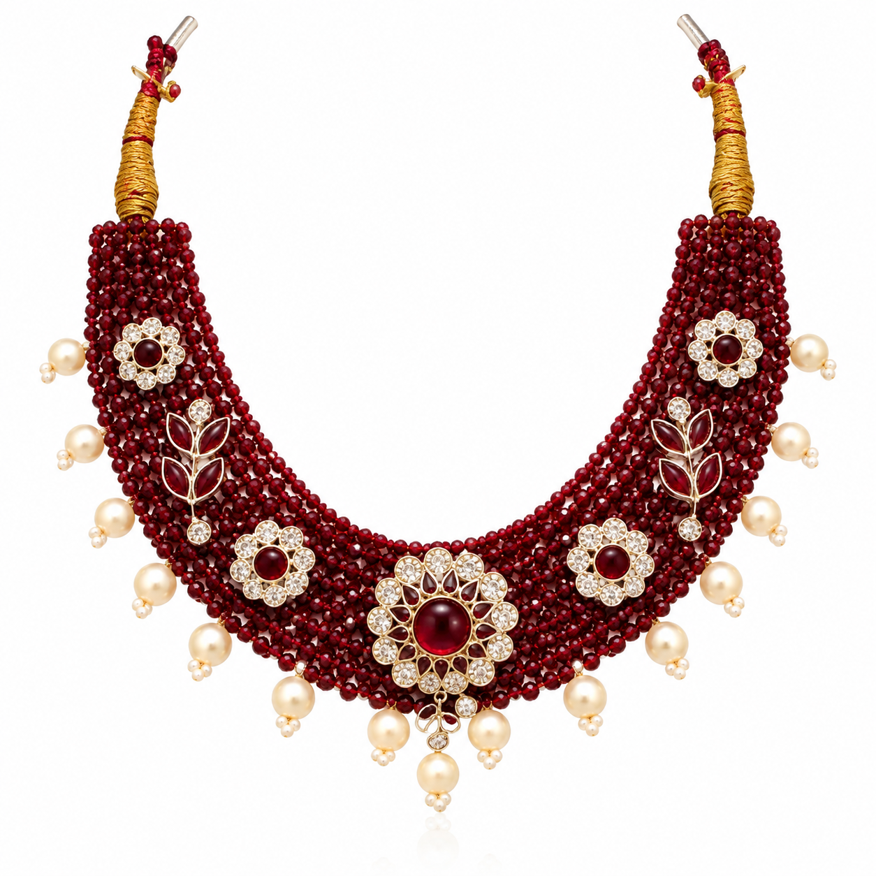 Nakoda Jewellers Royal Maroon Beaded Floral Necklace Set with Stone & Pearl Detailing