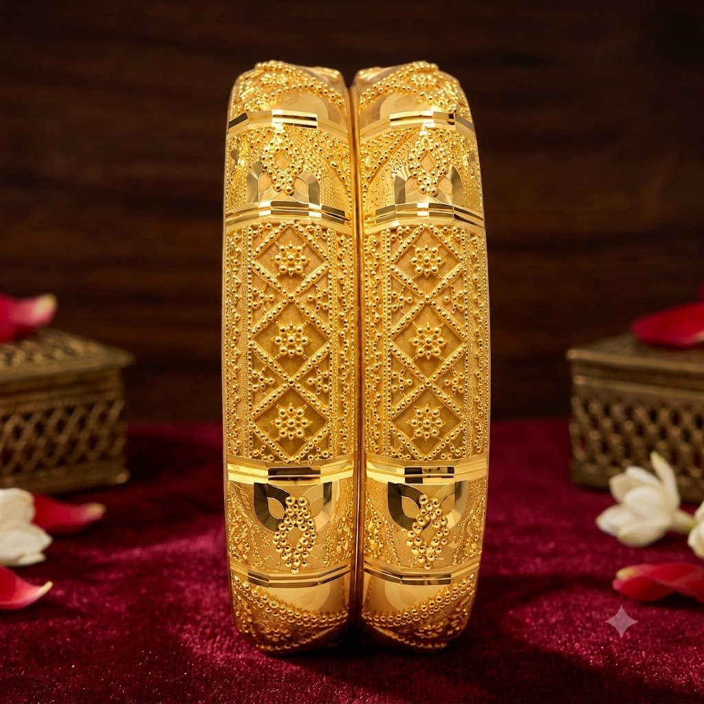 Nakoda Jewellers Intricate Floral Lattice Gold Bangles - Image 3