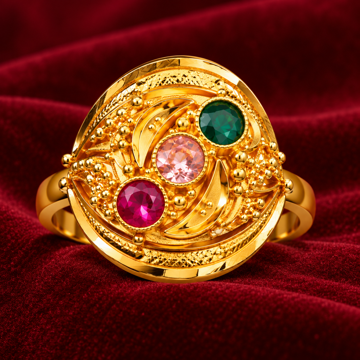 Nakoda Jewellers Traditional Circular Floral Gold Ring with Multicolour Stone Detailing - Image 2