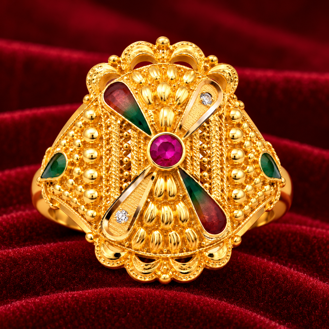 Nakoda Jewellers Traditional Floral Filigree Gold Ring with Multi-Coloured Centre & Multicolour Stones - Image 2