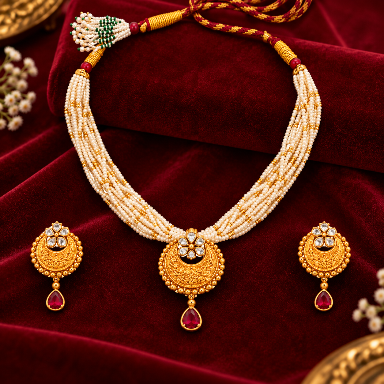 Nakoda Jewellers Traditional White Beaded Gold Pendant Necklace Set with Red Stone Detailing - Image 2